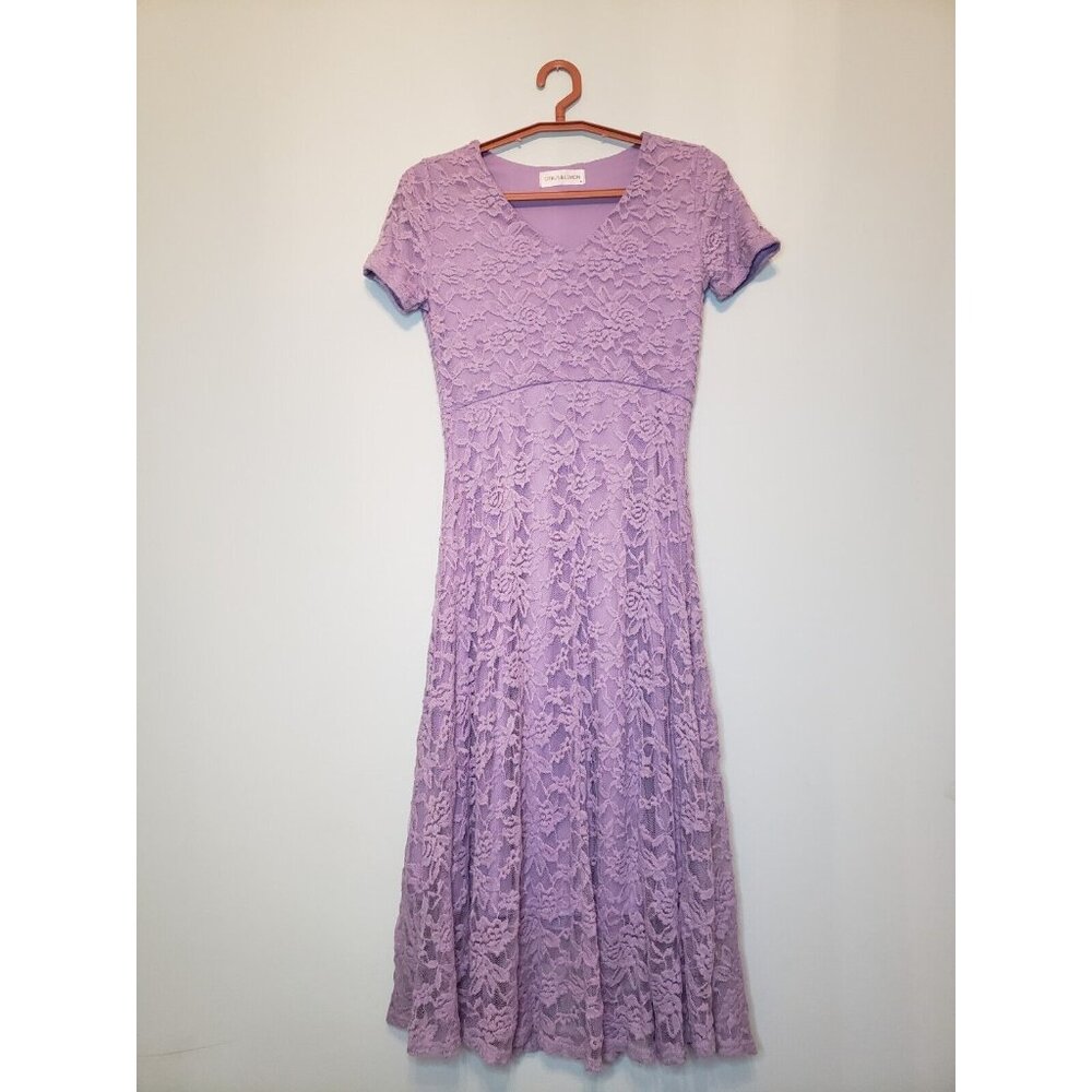 Citrus & Lemon Women's Sz M Purple Lacy Dress Short Sleeve Lined A Line